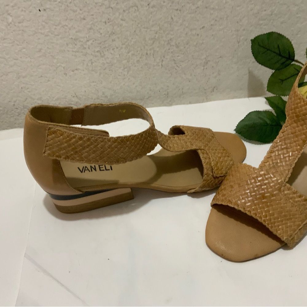 Vaneli Charee Tan  Woven Leather Ankle Strap Block Heel Sandals size 10 wide - Picture 5 of 12